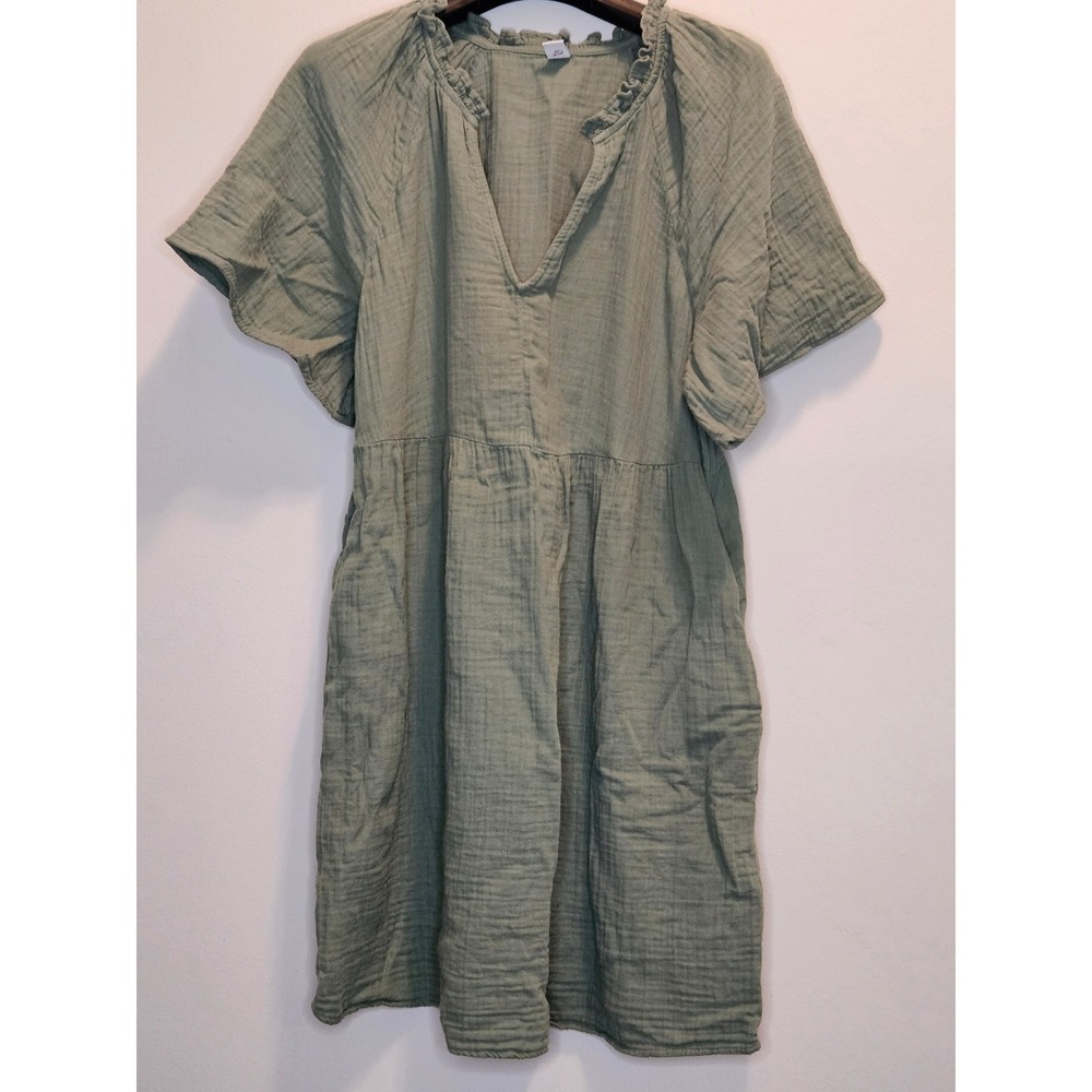 Old Navy Womens Sage Green Crinkle Gauze Ruffle Neck Mini Dress Medium Pockets